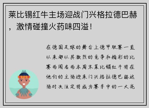 莱比锡红牛主场迎战门兴格拉德巴赫,激情碰撞火药味四溢!