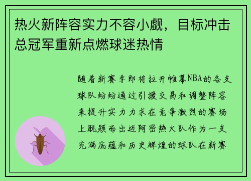 热火新阵容实力不容小觑,目标冲击总冠军重新点燃球迷热情