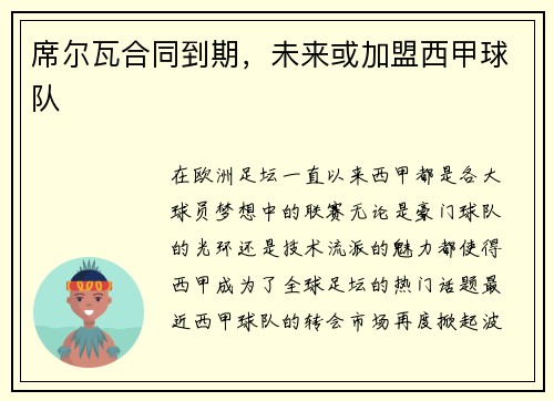 席尔瓦合同到期，未来或加盟西甲球队